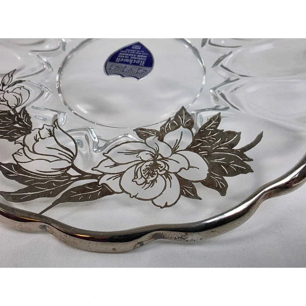 Rockwell Sterling‎ Silver Non-Tarnish 8 Inch Glass Plate Floral Design Handles